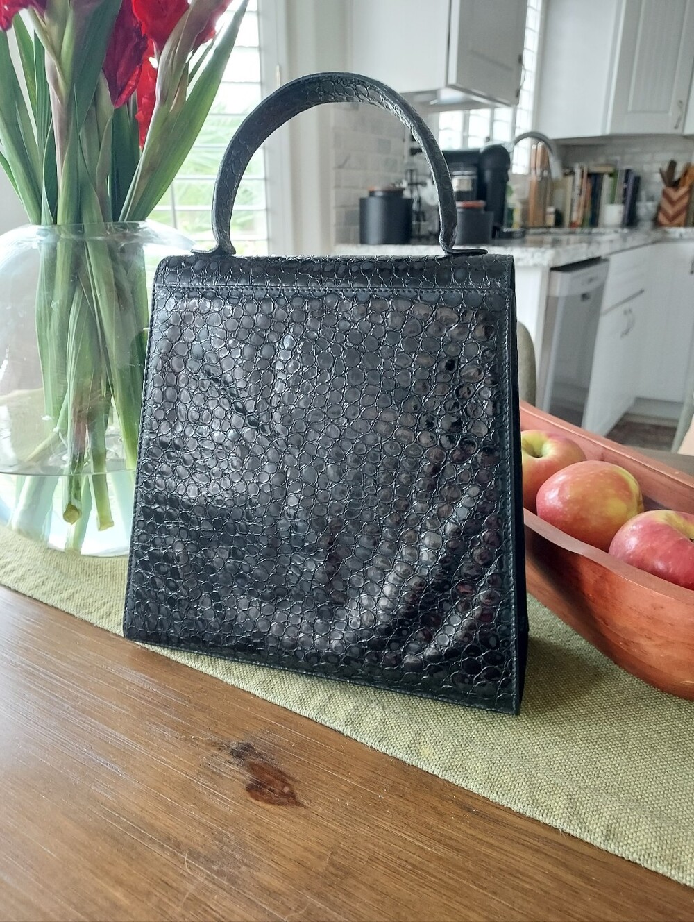 Salvatore Ferragamo Black Croc-Embossed Top Handle Bag with Gold Hardware - Picture 6 of 8